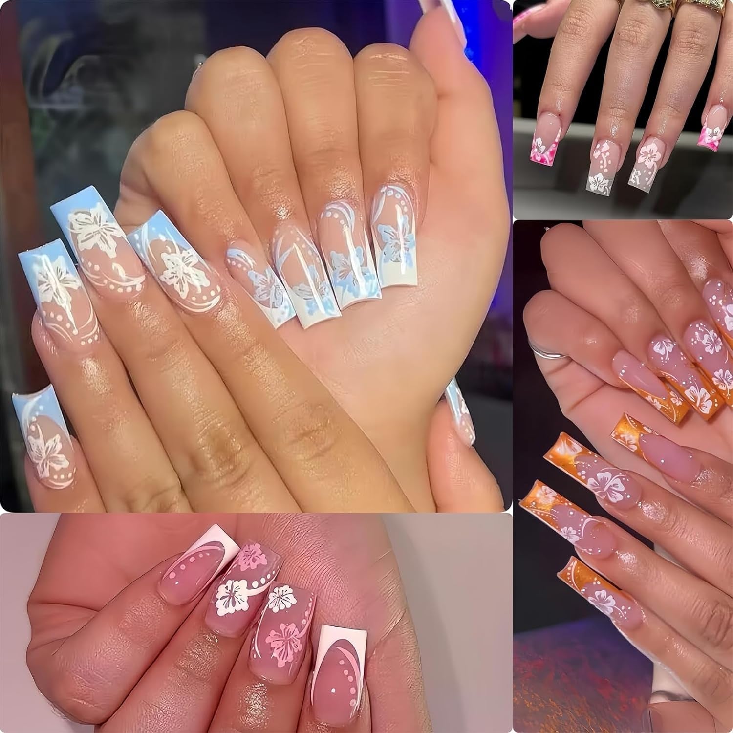 8 Stück Hibiskus Nagelsticker, 3D Selbstklebende Blumen Nagelaufkleber, Weiß Rosa Gelb Magenta Sommer Neonail Sticker, Nail Art Tilbehør Nagel Deko Für Frauen