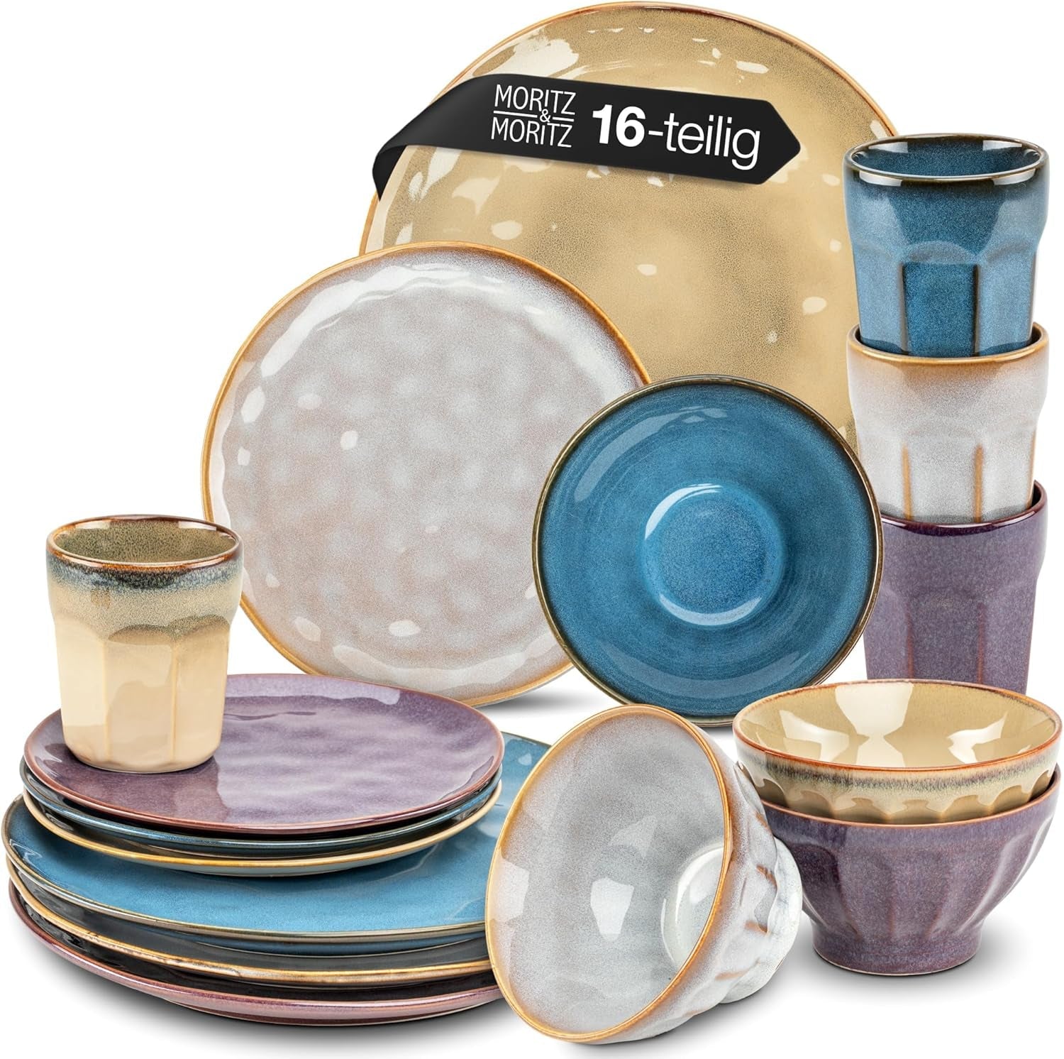 Moritz & Moritz COPA 16-tlg Geschirrset 4 Personen - Elegantes Teller Set fra hohrstandigem Steinzeug - Geschirr Set 4 Personen fra je 4x Dinnerteller, Dessertteller, Müslischale & Kaffeebecher