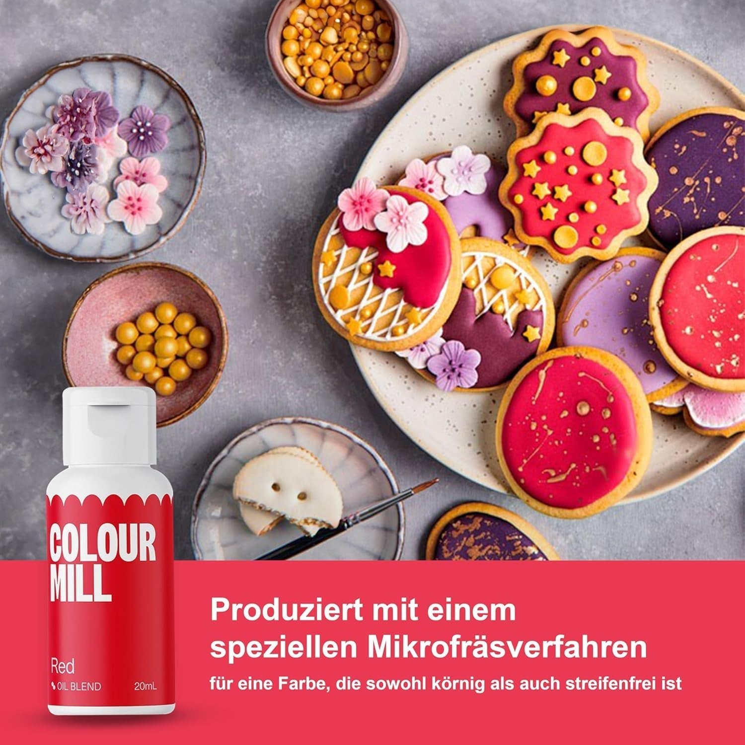 Color Mill Liquid Food Coloring Set - 5 x 20 ml oliebaseret (sort, varm rosa, lilla, rød og blå) - UV-resistent - Perfekt til bagning og som topping til kager, muffins og kagepynt