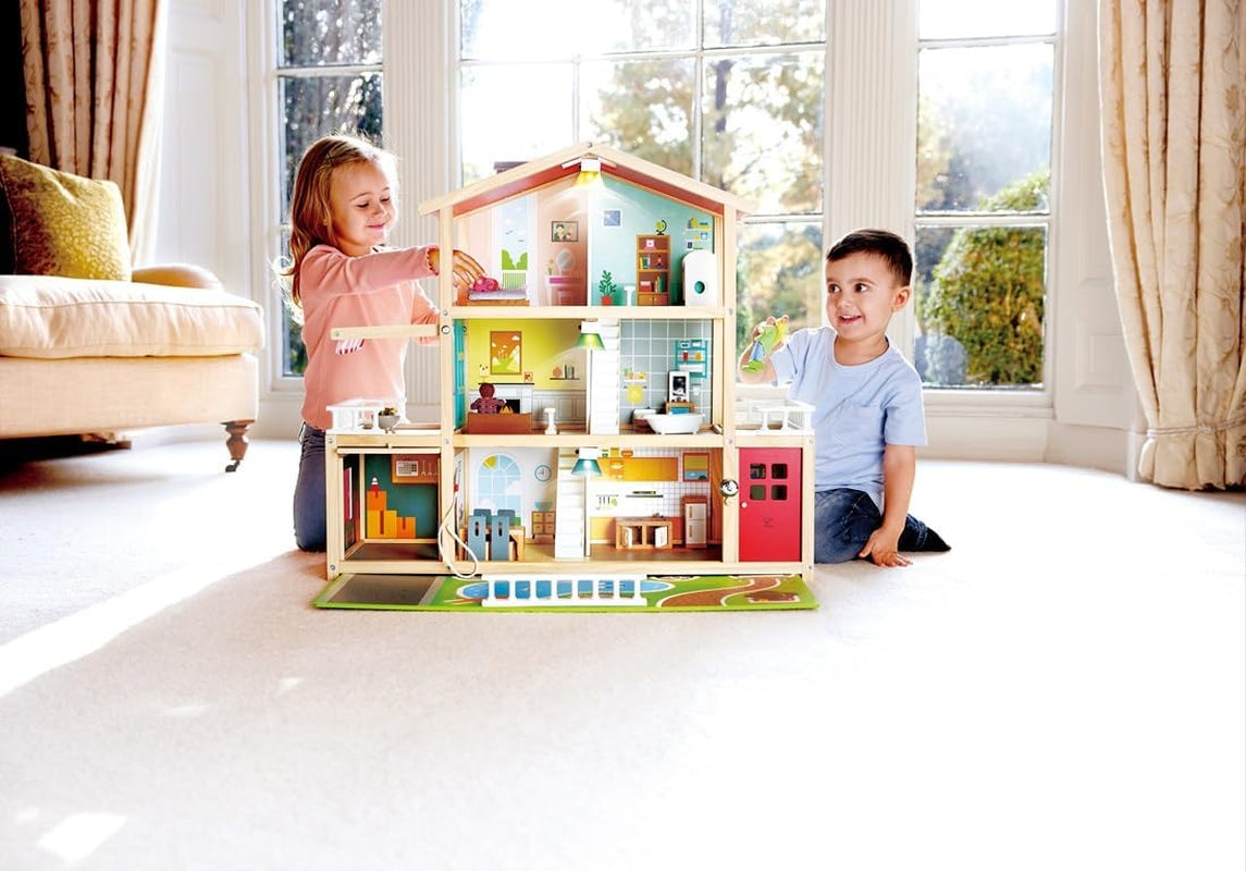 Hape Dukkevilla 10-værelses trædukkehus Kreativt rollespil inklusive møbler og tilbehør Pædagogisk legetøj for 3 år og opefter