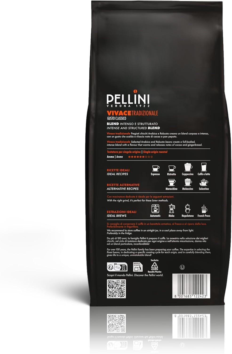 Pellini N.82 Vivace, Kaffeebohnen for Espresso 1 kg, Arabica- og Robusta-Mischung mit Kräftigem og Ausgefungem Gesmack, Mittlere Röstung
