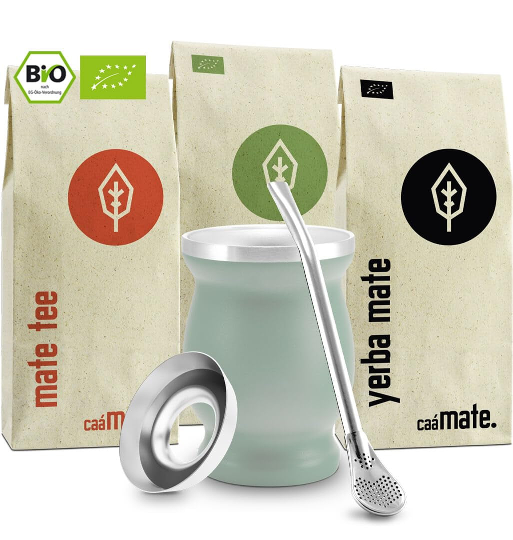 Mate Bio tesæt ● 3 sortimenter af Mate + Dobbeltvægget Mate-krus i rustfrit stål + Bombilla + Brygningsinstruktioner (sort)