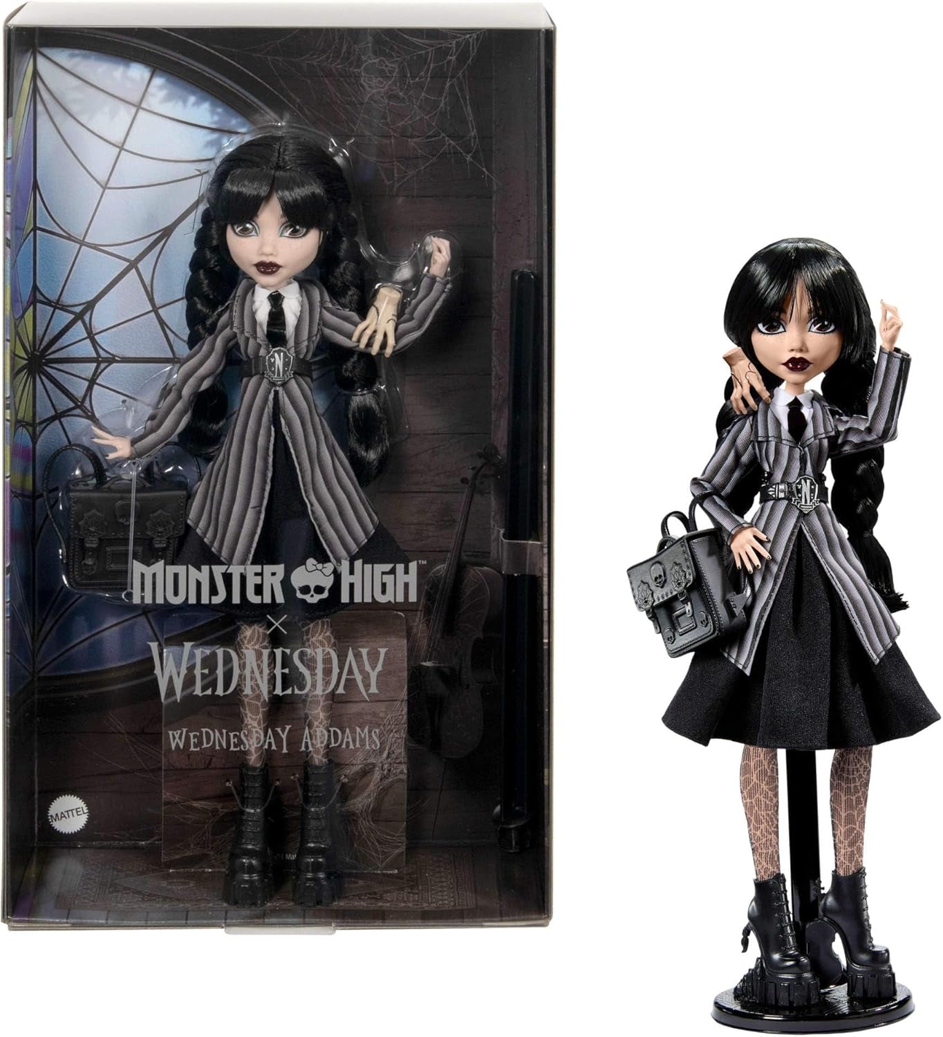 Monster High onsdagsdukke og tilbehør onsdag Addams samlerfigur i Nevermore Academy Uniform med iskold hånd og rygsæk dukkestativ HXJ04 Naty Shop Dolls [Multicolor]