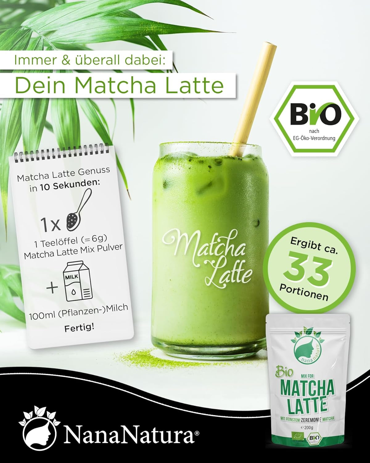 Nananatura'S Bio Matcha Latte Mix med 22% Ceremoniel Grade Green Tea Pulver fra Japan | For en enkel og lækker nydelse af te | Også velegnet til is og kager
