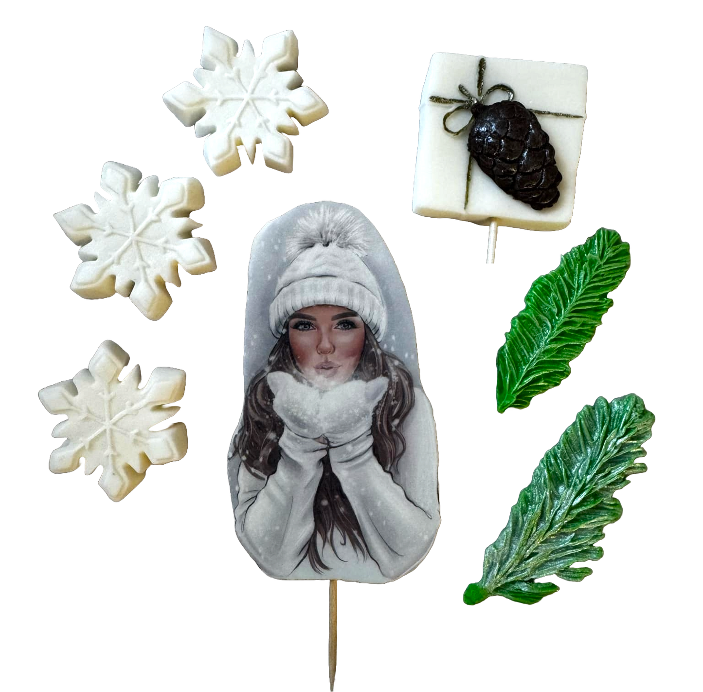 Sæt med 7 spiselige sukkerpasta-dekorationer, smuk dame, hvid hat Sukkerpasta-dekorationer Naty Shop