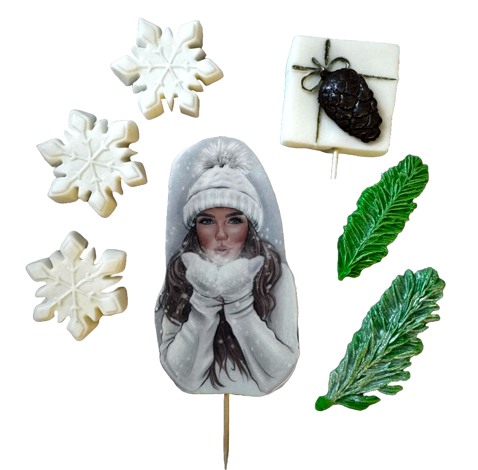 Sæt med 7 spiselige sukkerpasta-dekorationer, smuk dame, hvid hat Sukkerpasta-dekorationer Naty Shop
