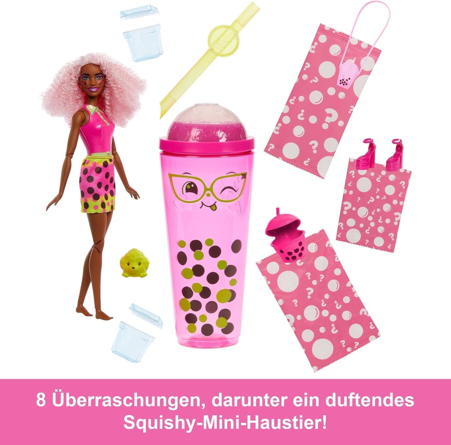 Barbie Pop Reveal Bubble Tea-dukke og tilbehør, duftende Berry Bliss-modedukke med kæledyr, 8 overraskelser, inkluderer farveskifter, opbevaringskop, HTJ20