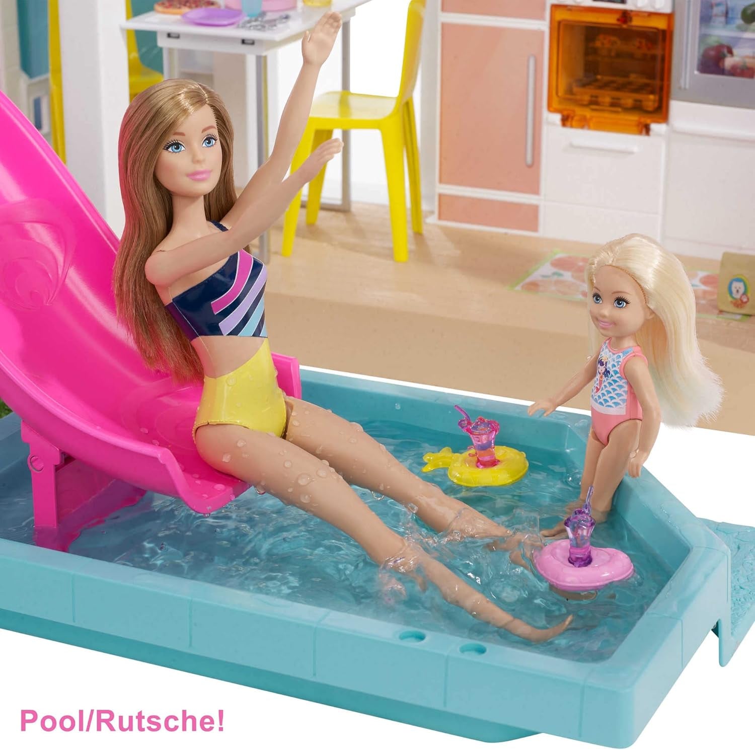 Barbie Dream House (114 cm), 3-etagers dukkehus, pool, rutsjebane, kørestolslift, 75 tilbehør, dukker, egnet som gave til børn fra 3 år og opefter, GRG93 Naty Shop dukkehuse