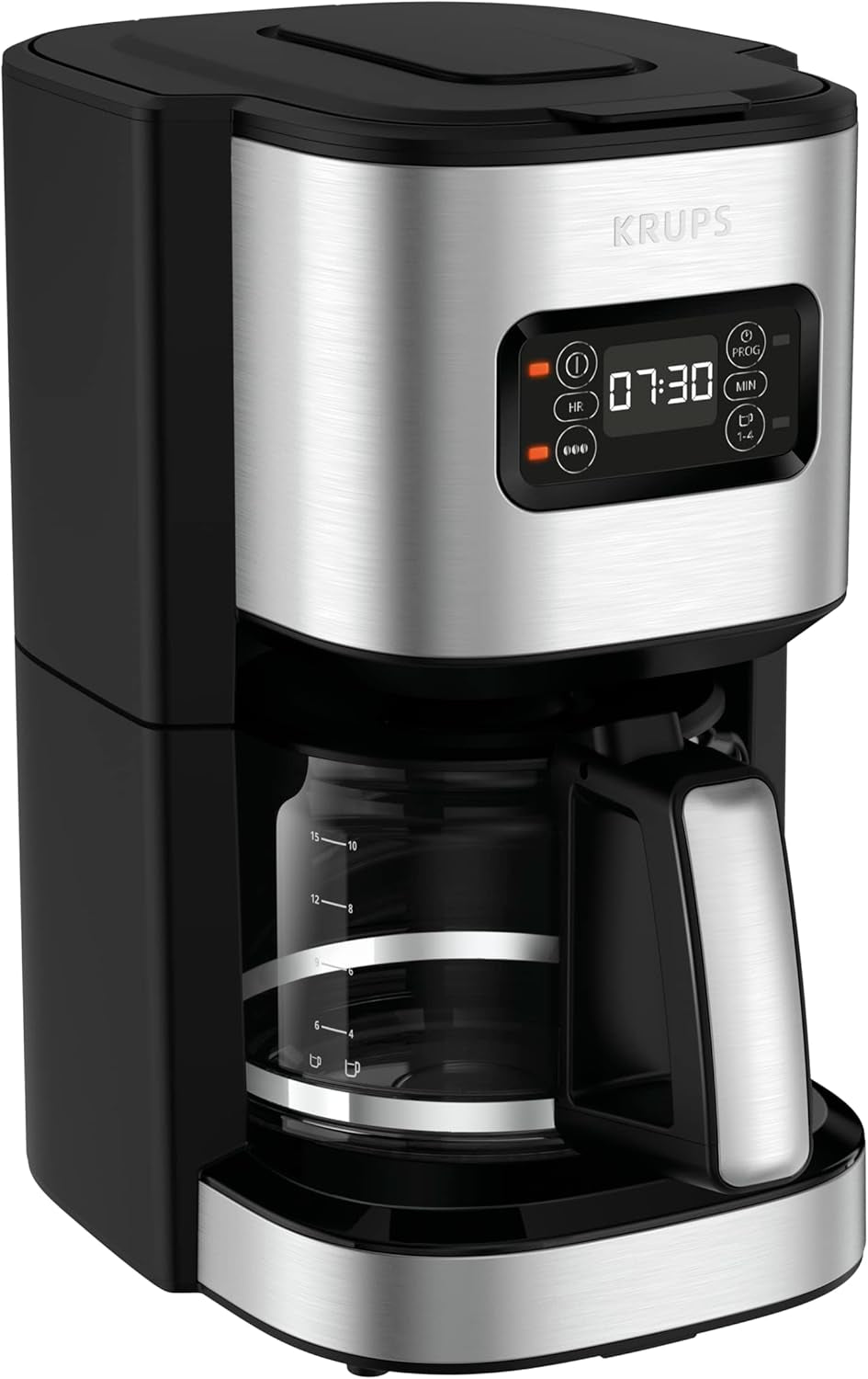 Krups F30908 ProAroma Espressomaskine med filter og glaskaraffel, kapacitet 1,25 l, 10-15 kopper, 1050 W, sort