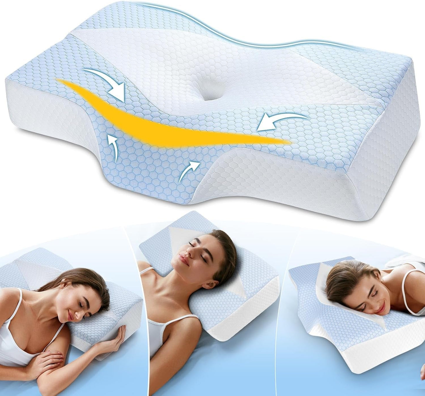 Memory Foam Nakkepude Ergonomisk ortopædisk pude til nakke- og skuldersmerter - Kølende sovepude til side-, ryg- og mavesovende med nakkestøtte Cervikale ortopædiske puder Naty Shop Blå Hvid(63,5Cm*40,6Cm*10,7/13,2Cm) Blau Weiss (63,5 cm*40,6 cm*10,7/13,2 cm)