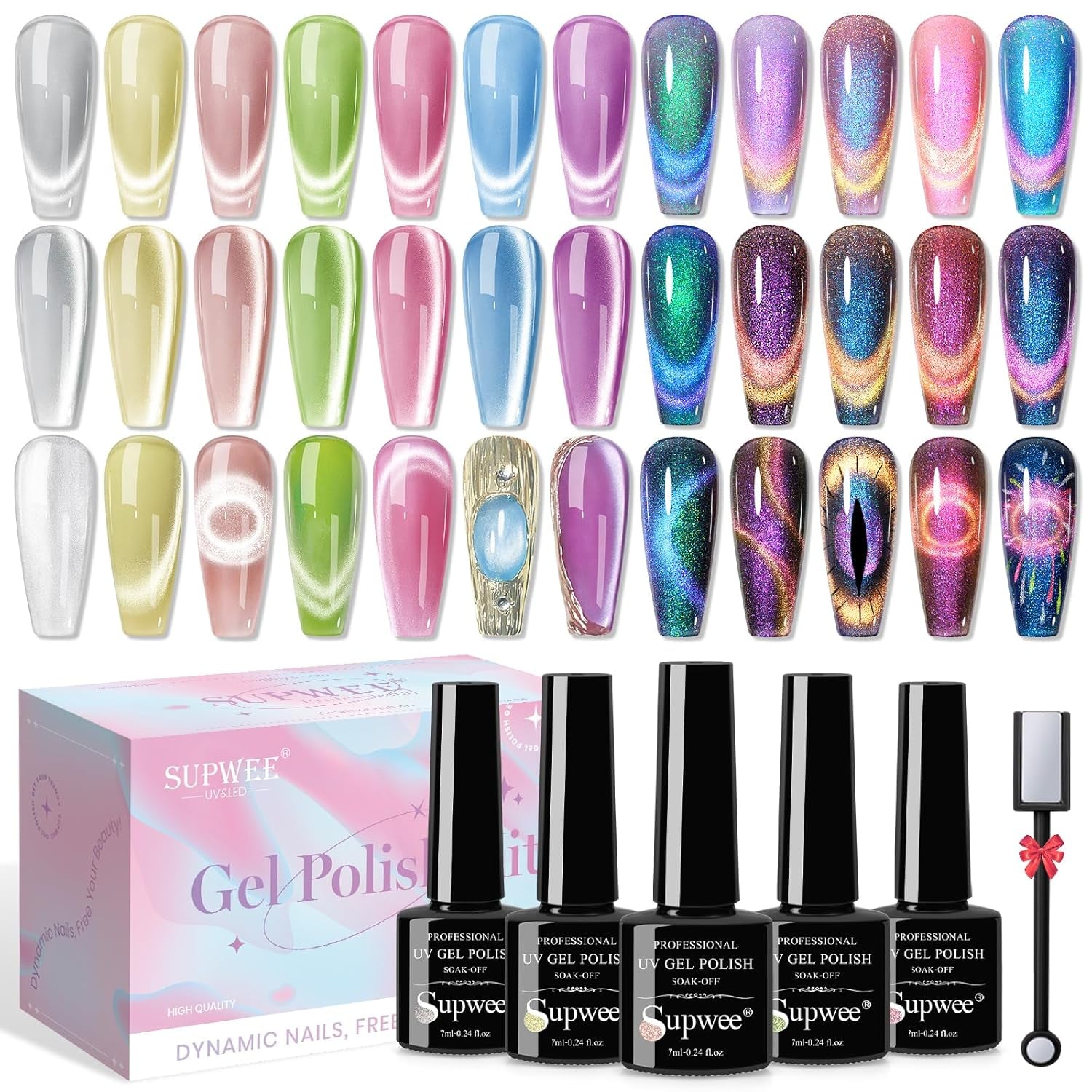 SUPWEE 5 i 1 Neglemagnetværktøj, Pink Cat Eye Magnet Für Nägel Multifunktions Magnetstift DIY Magic 3D Magnet Stick Pen Sæt Nail Art Magnet Stick Für Nail Art Diy-Zubehör