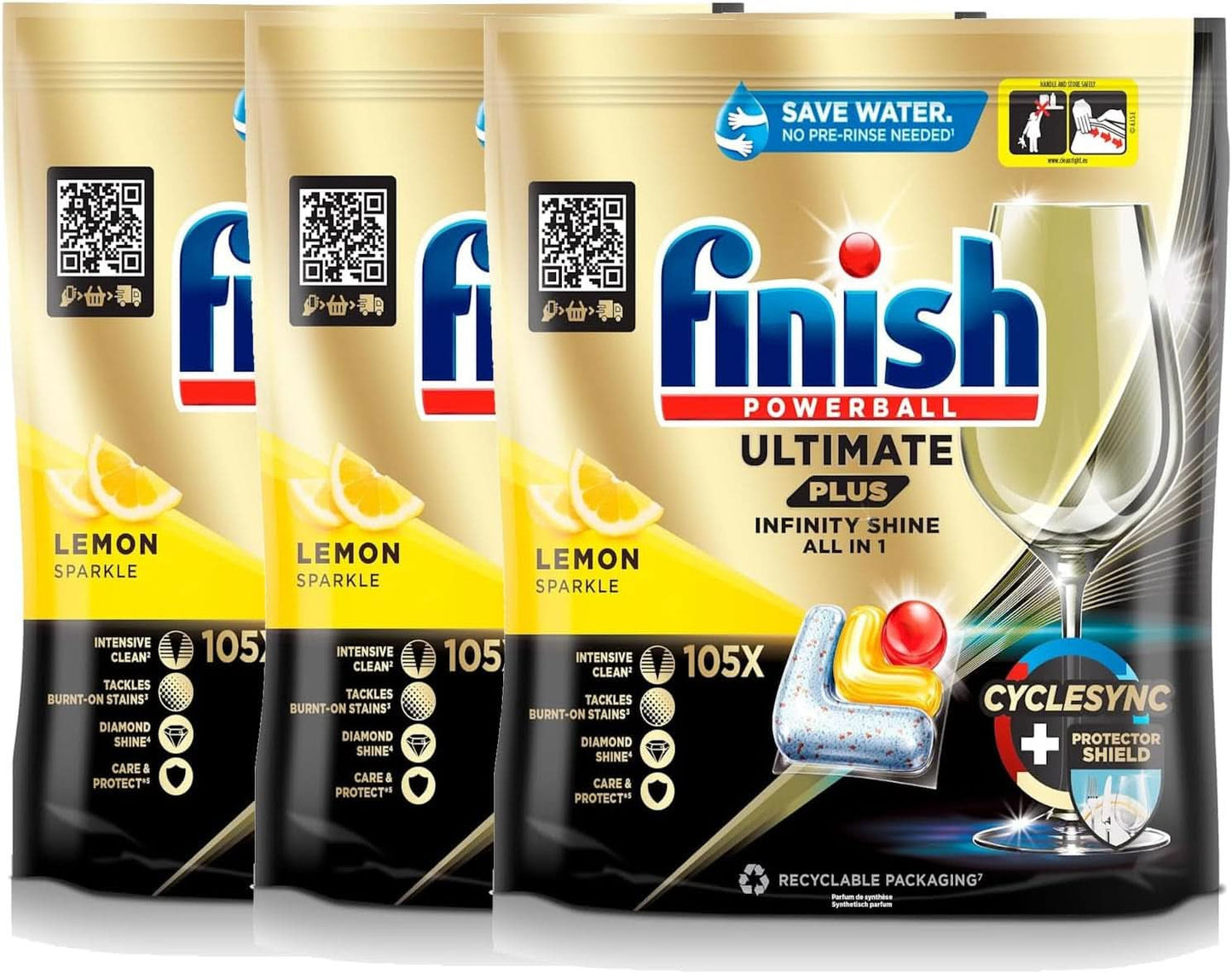 Finish Ultimate plus Infinity Shine Citrus Opvaskemaskine Tabs - Tabletter til opvaskemaskinen, intensiv rengøring - 105 kapsler, citron Naty Shop Sæt 3 x 105 kapsler