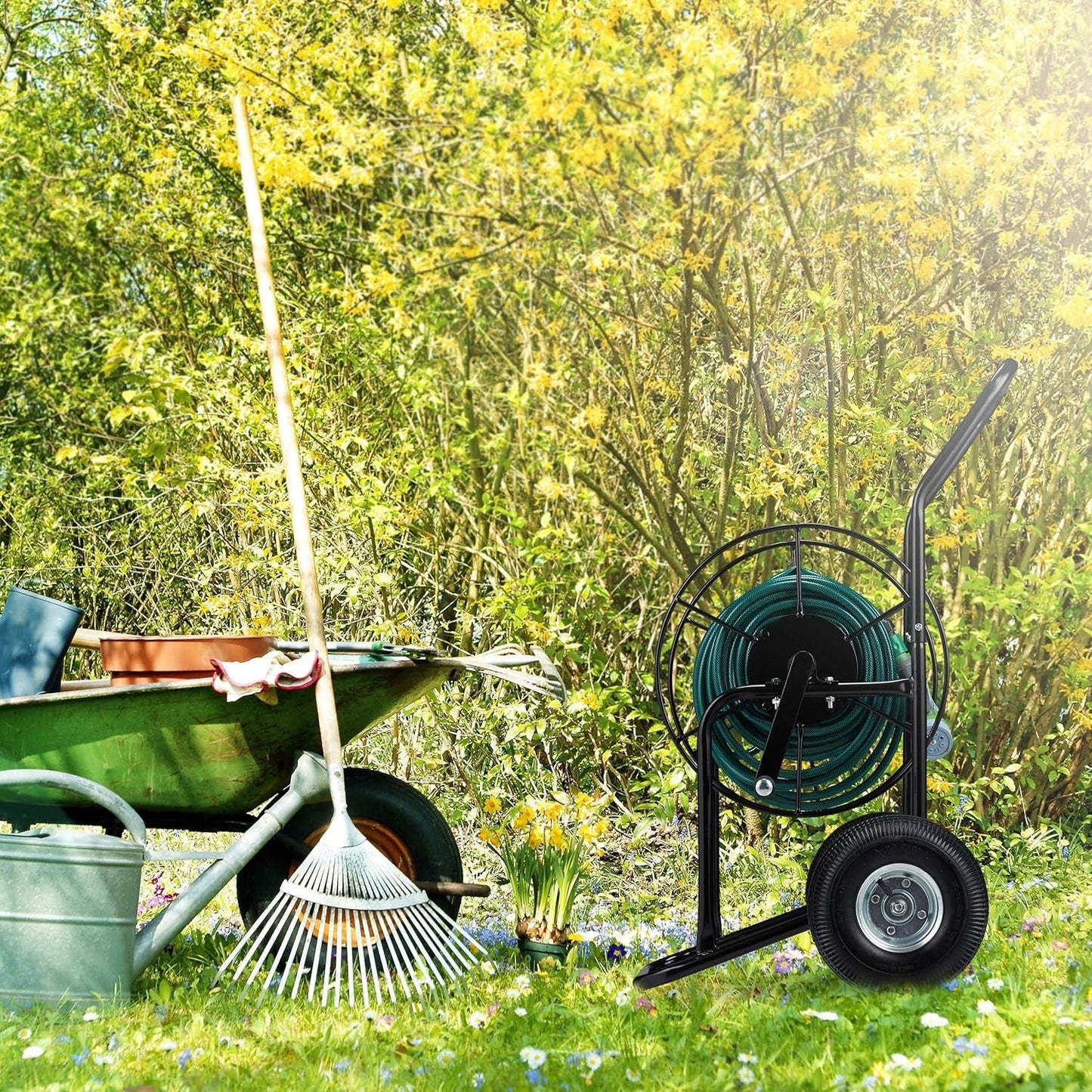 Relaxdays slangevogn, mobil slangetromle, 1/2" og 3/4" tilslutning, slange op til 80 m, 2 hjul, metal, sort