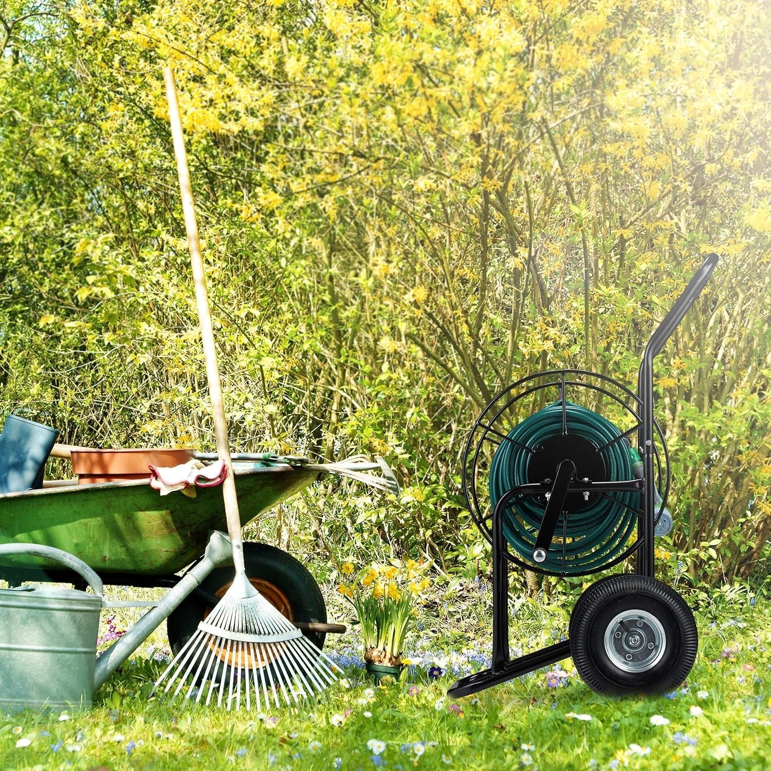 Relaxdays slangevogn, mobil slangetromle, 1/2" og 3/4" tilslutning, slange op til 80 m, 2 hjul, metal, sort