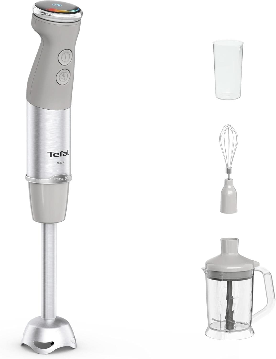 Tefal Quickchef+ 3-i-1 XL Stabmixer/Zerkleinerer/Schneebesen, 1000 W, Intuitiv Geschwindigkeitsregelung, Turbo-Taste, Powelix-Messer-Technologie, Edelstahl, Grau, HB67MB30 Kitchen Naty Shop