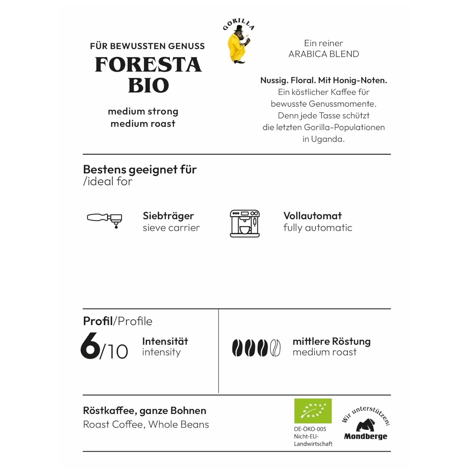 Gorilla Foresta kaffe 6 x 1000g helstristede bønner | Arabica blanding | Portafilter og fuldautomatiske espressomaskiner | Espresso kaffe