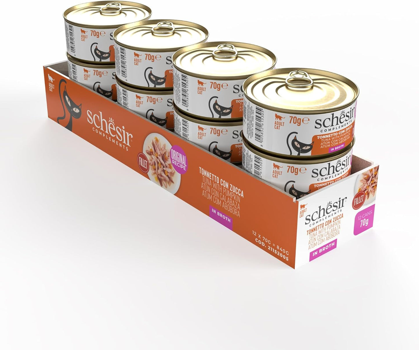 Tun med græskar i bouillon, supplerende vådfoder til katte, original opskrift, 100% naturlig, 12 dåser á 70g hver