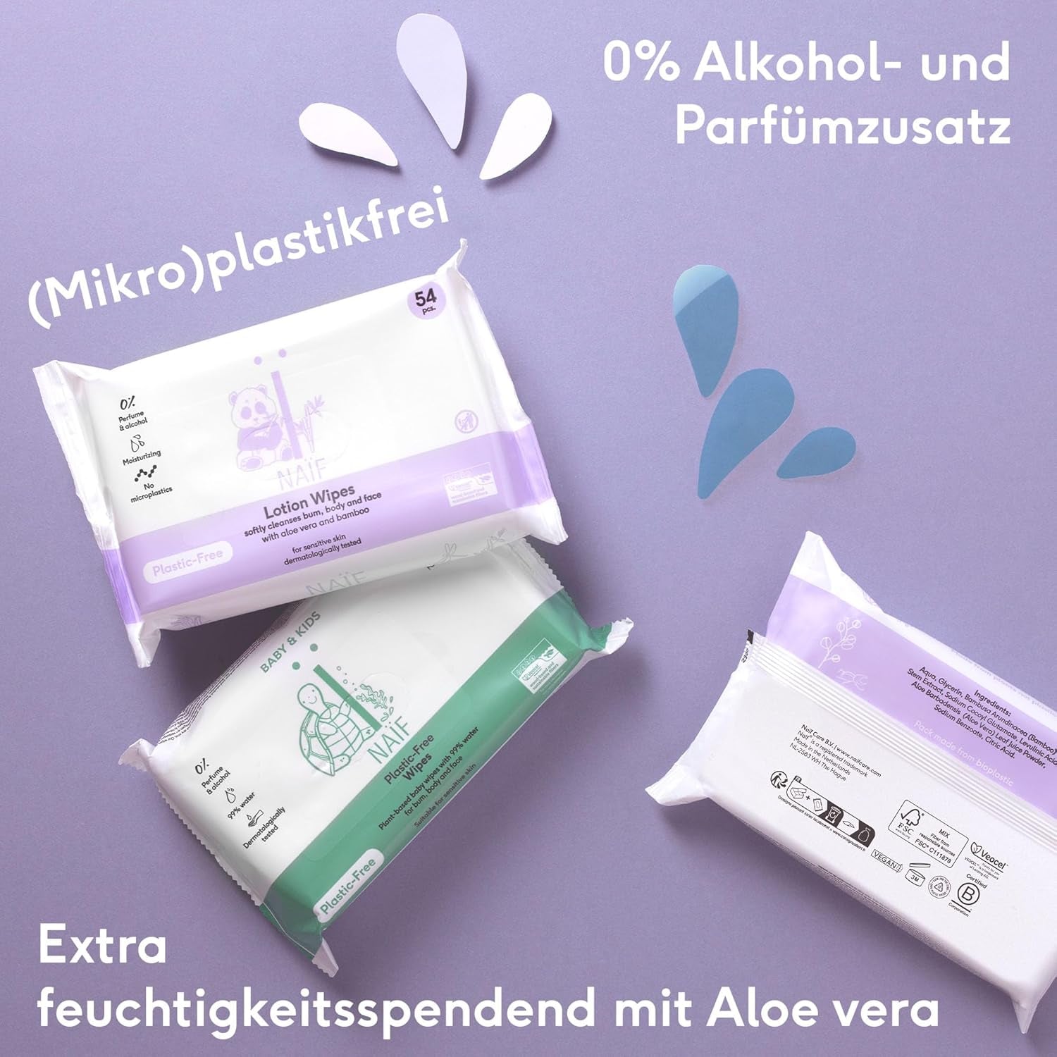 Naïf - Vådservietter uden plastik - 162 stykker (3 pakker med hver 54 servietter) - til babyer og børn - bund, krop, ansigt - med aloe vera og bambus - 0% duft og alkohol
