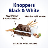 Hvide og sorte Knoppers – 8 x 25 g – Vaffelskiver fyldt med mørke kakaoblater, stykker af sorte kiks, mælk og nougatcreme