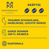 Kaffebønner Martermühle Guatemala 1 kg stærke | arabisk | Smag: Hasselnødder, Lette krydderier, Chokolade med druer | Let ristede hele kaffebønner, Lav surhedsgrad