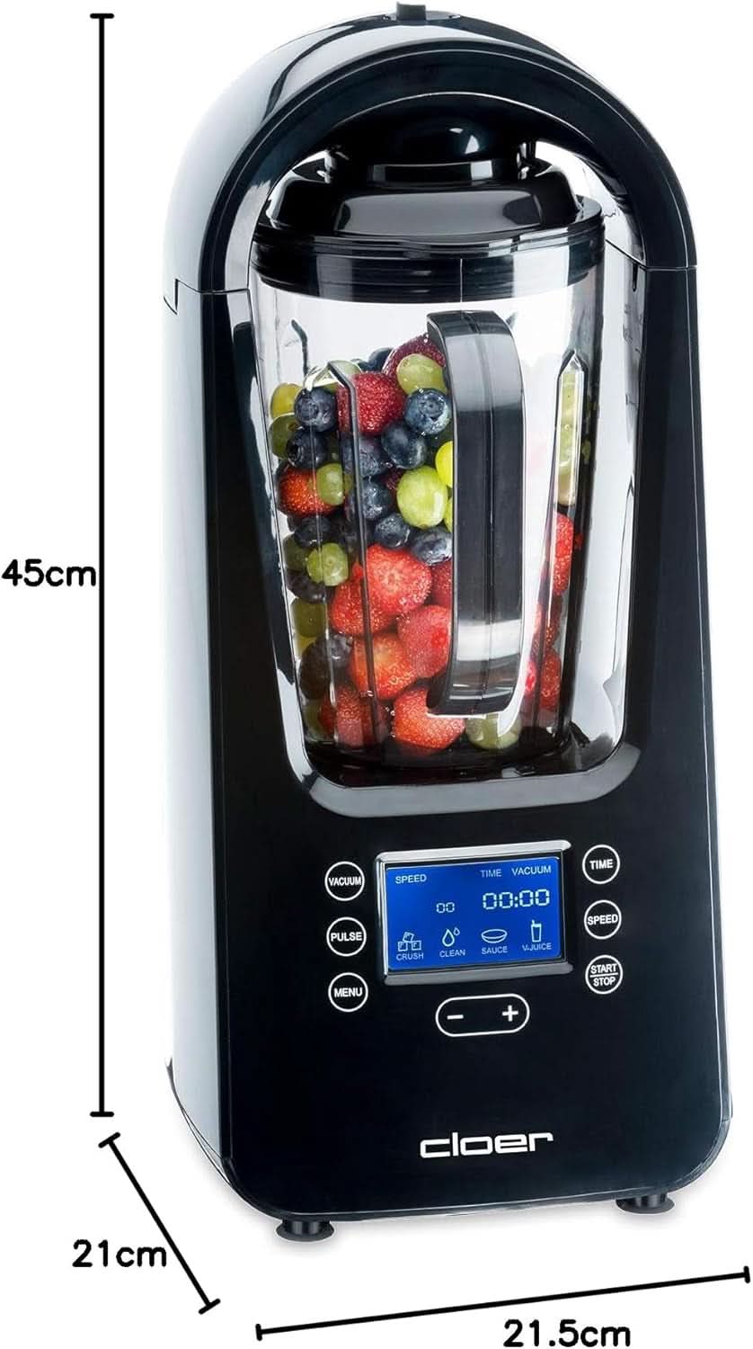 Cloer 6980 Vakuum Standmixer / 800 Watt / 21.000 U/Min. / Inkl. Vorratsbehälter/Vakuumventil/Automatikprogram/Eis-Crush-Funktion/Reinigungsfunktion/Schwarz, 1500 Milliliters Kitchen Naty Shop