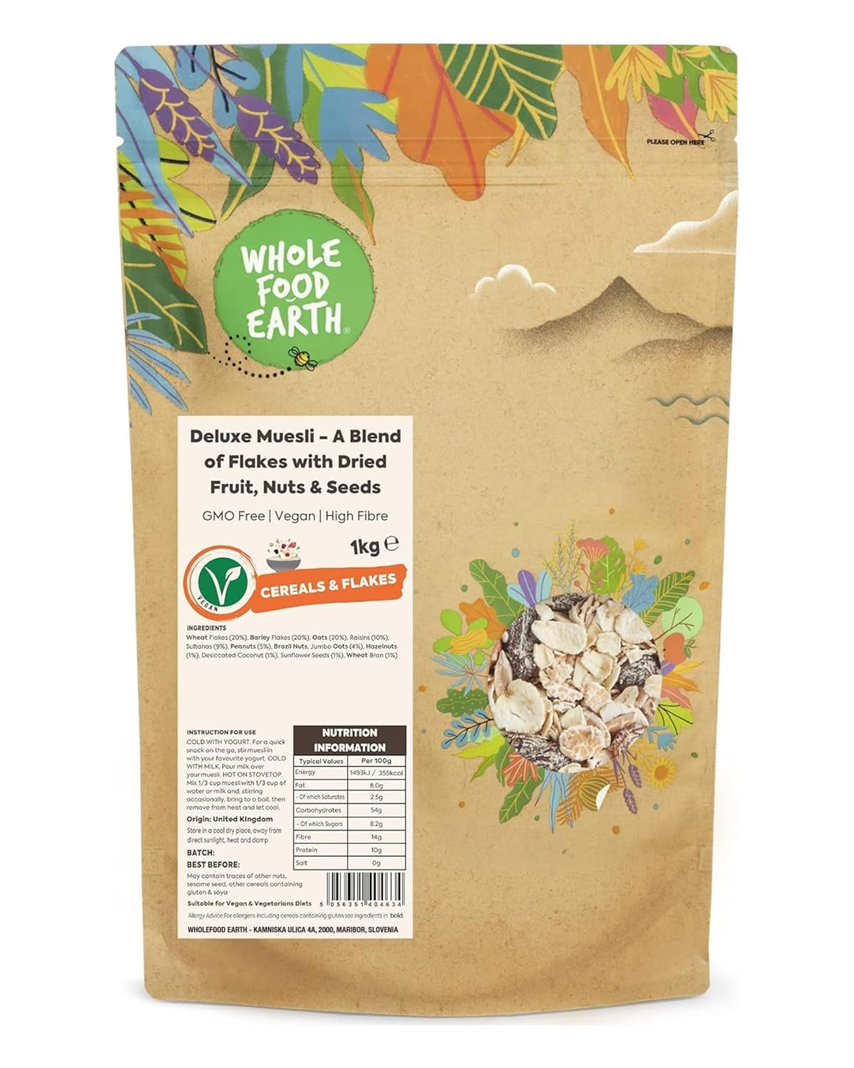 Müsli Deluxe Wholefood Earth - En blanding af flager med tørret frugt, nødder og frø 1 kg | Ikke-GMO | Rig på fibre