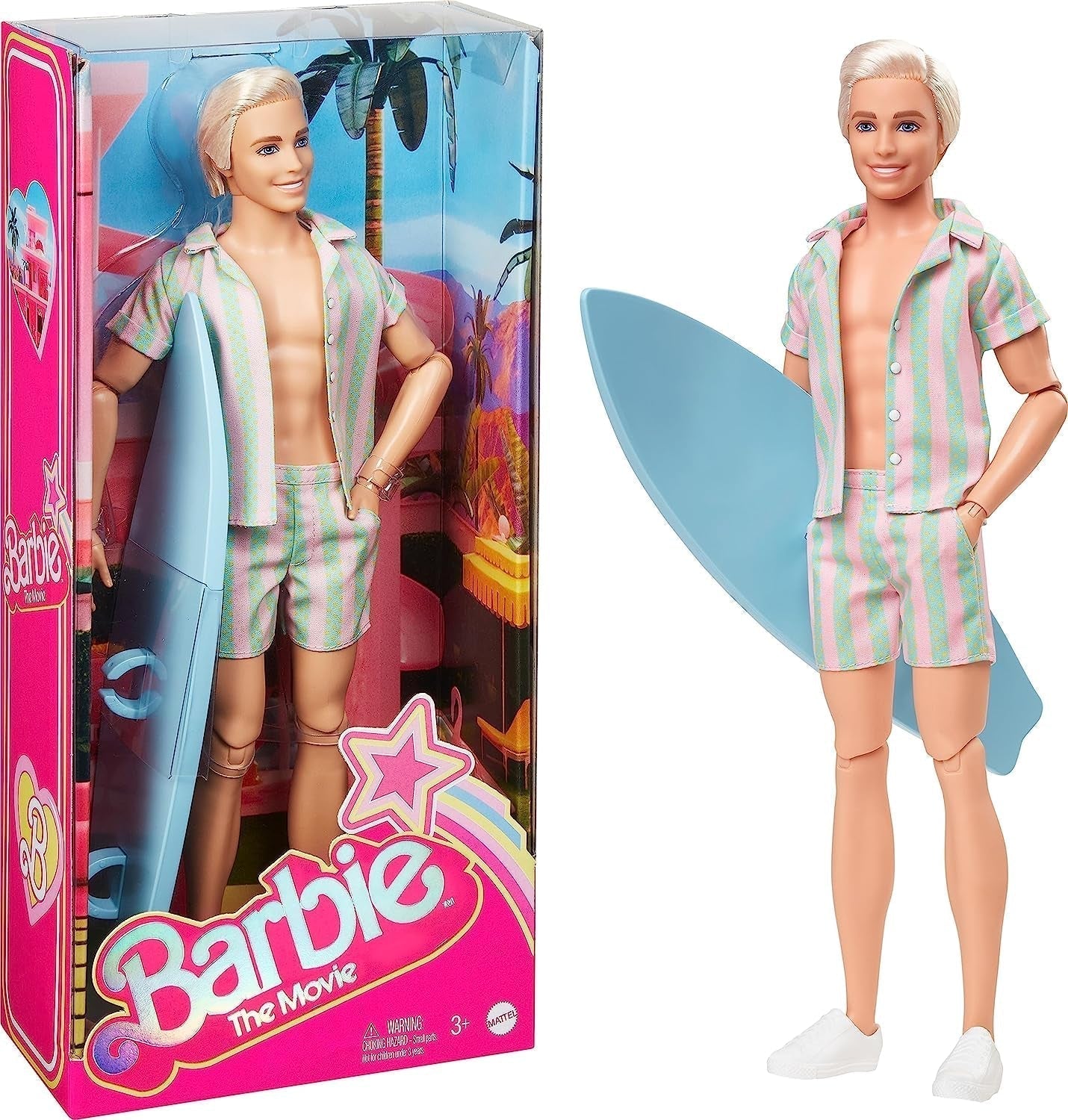 Barbie the Movie - Dukkefilmfans, Ken Doll, samlerdukke med surfbræt og sneakers, bevægelig krop, platinblondt hår, egnet som gave til 3 år gamle børn, HPJ97 Naty Shop Dolls Standardtitel
