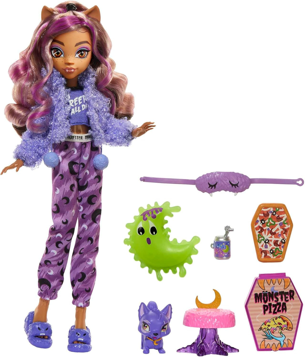 MONSTER HIGH Dukke og Sleepover-tilbehør, Clawdeen Wolf Doll with Pet Cat, Crescent, Creepover Party, HKY67