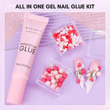 Makartt Rhinestone selvklæbende gel - 15 ml UV-neglelimsæt med lyserøde negle charms Hjertecirkel neglesmykker og negledesigntilbehør til hjemmemanicure Valentinsdagsgave