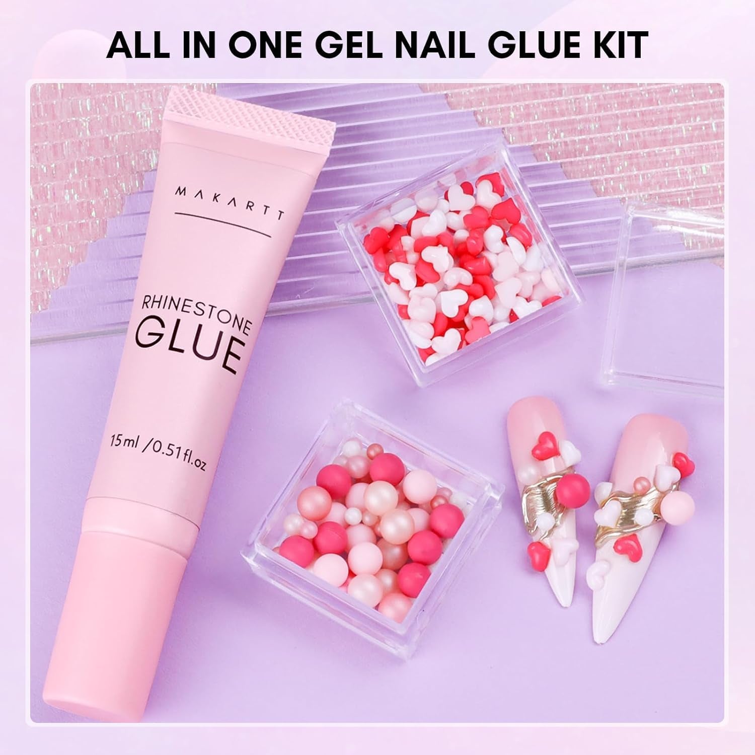 Makartt Rhinestone selvklæbende gel - 15 ml UV-neglelimsæt med lyserøde negle charms Hjertecirkel neglesmykker og negledesigntilbehør til hjemmemanicure Valentinsdagsgave