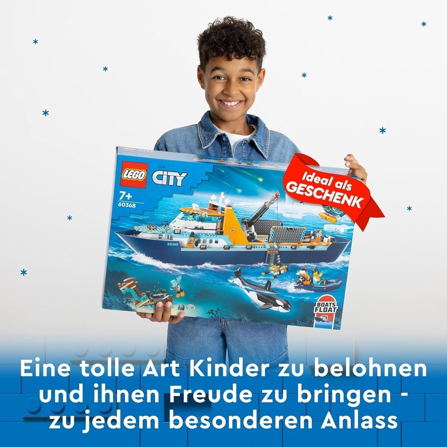 LEGO City Arctic Research Ship, stor flydende legetøjsbåd med helikopter, gummibåd, Rov-ubåd, vikingevrag, 7 minifigurer og spækhuggerfigur, gave til børn i alderen 7+ 60368 byggesæt Besuche den LEGO-Store