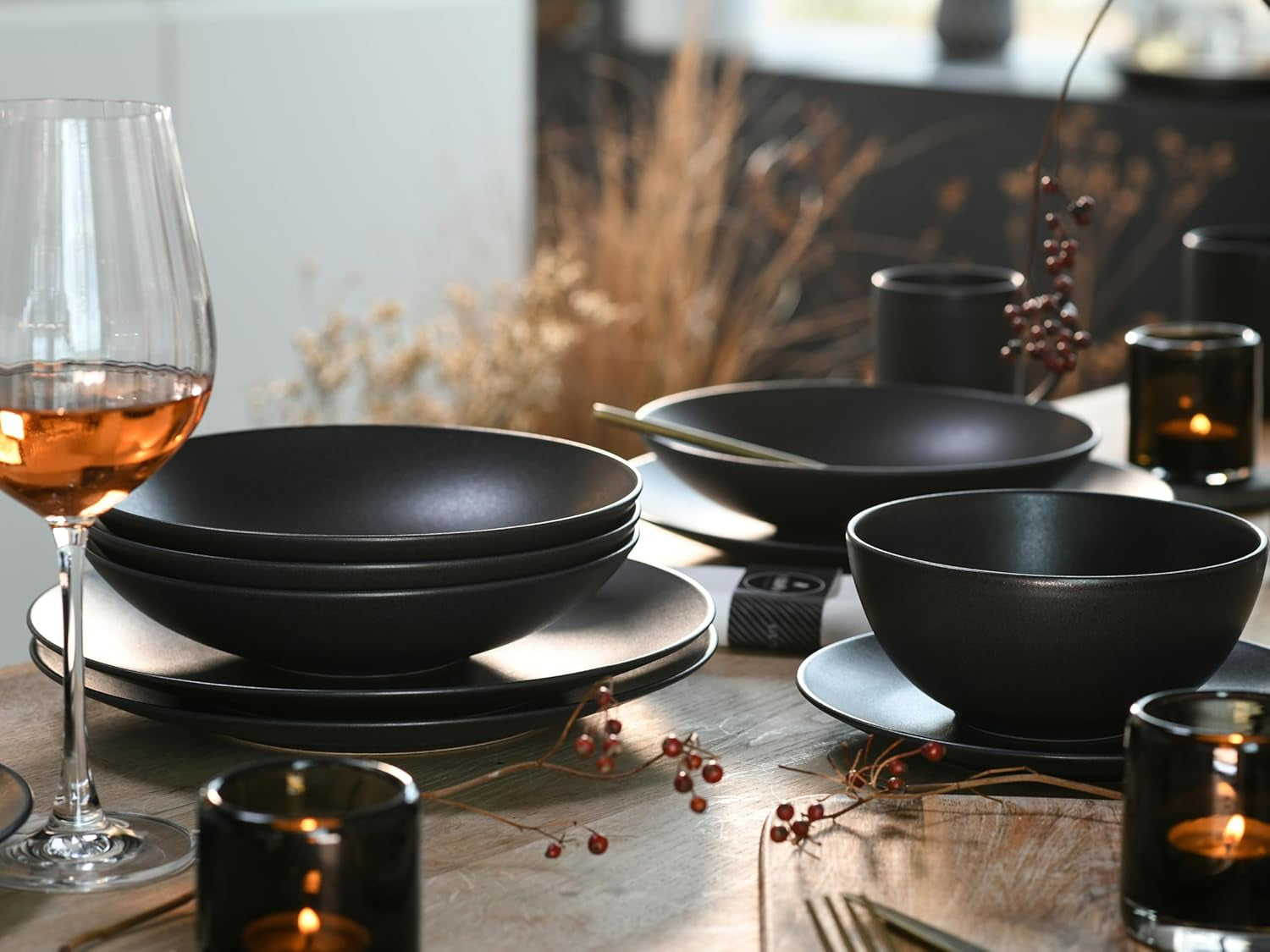 Kan skabes, 23146, SOFT TOUCH BLACK Series, 20-delt servisesæt, porcelænskombinationsservice, tåler opvaskemaskine og mikroovn, fremstillet i Portugal