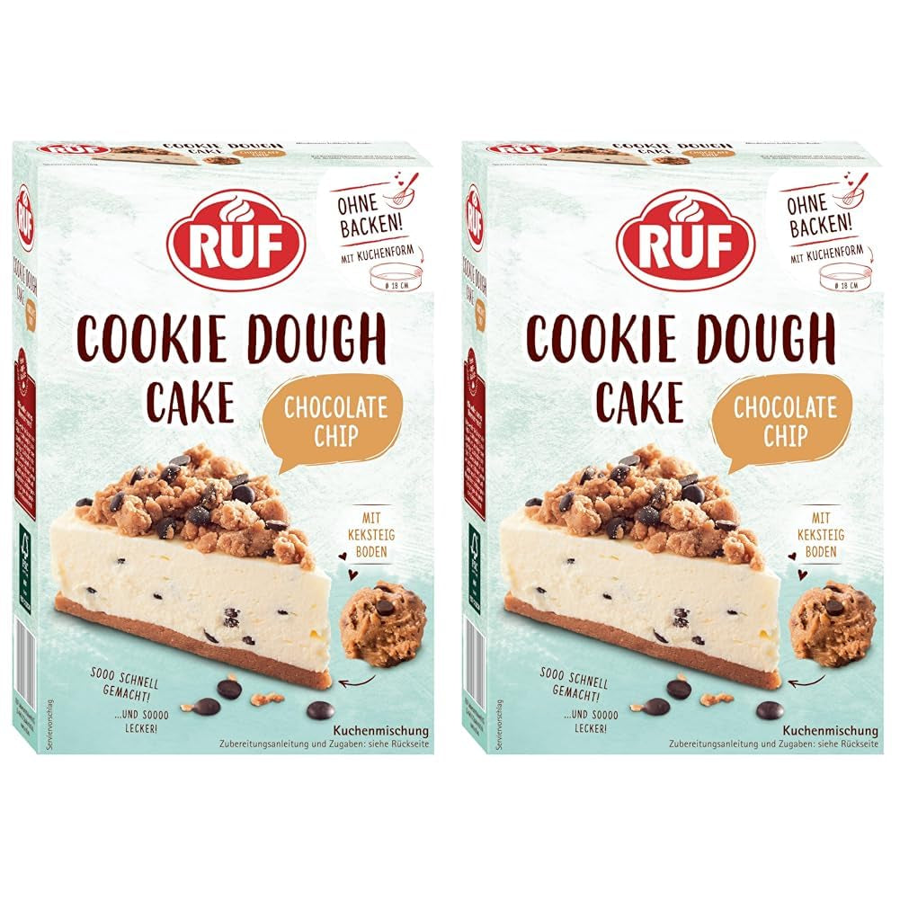 RUF Cookie Dough Cake Ohne Backen, Tortenboden Aus Keksteig Mit Frischkäse-Creme Und Schokoladenstückchen, Inkl. Kuchenform, 1X325G Blanding til bagning og madlavning Naty Shop 325 G (2Er Pack) Cookie Dough Cake