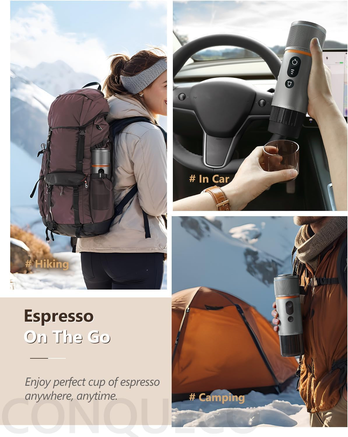 CONQUECO 12V bilespressomaskine: Bærbar espressomaskine med batteri til camping og rejse - Hurtig opvarmning på 2,5 minutter - 8 espressokopper på én opladning