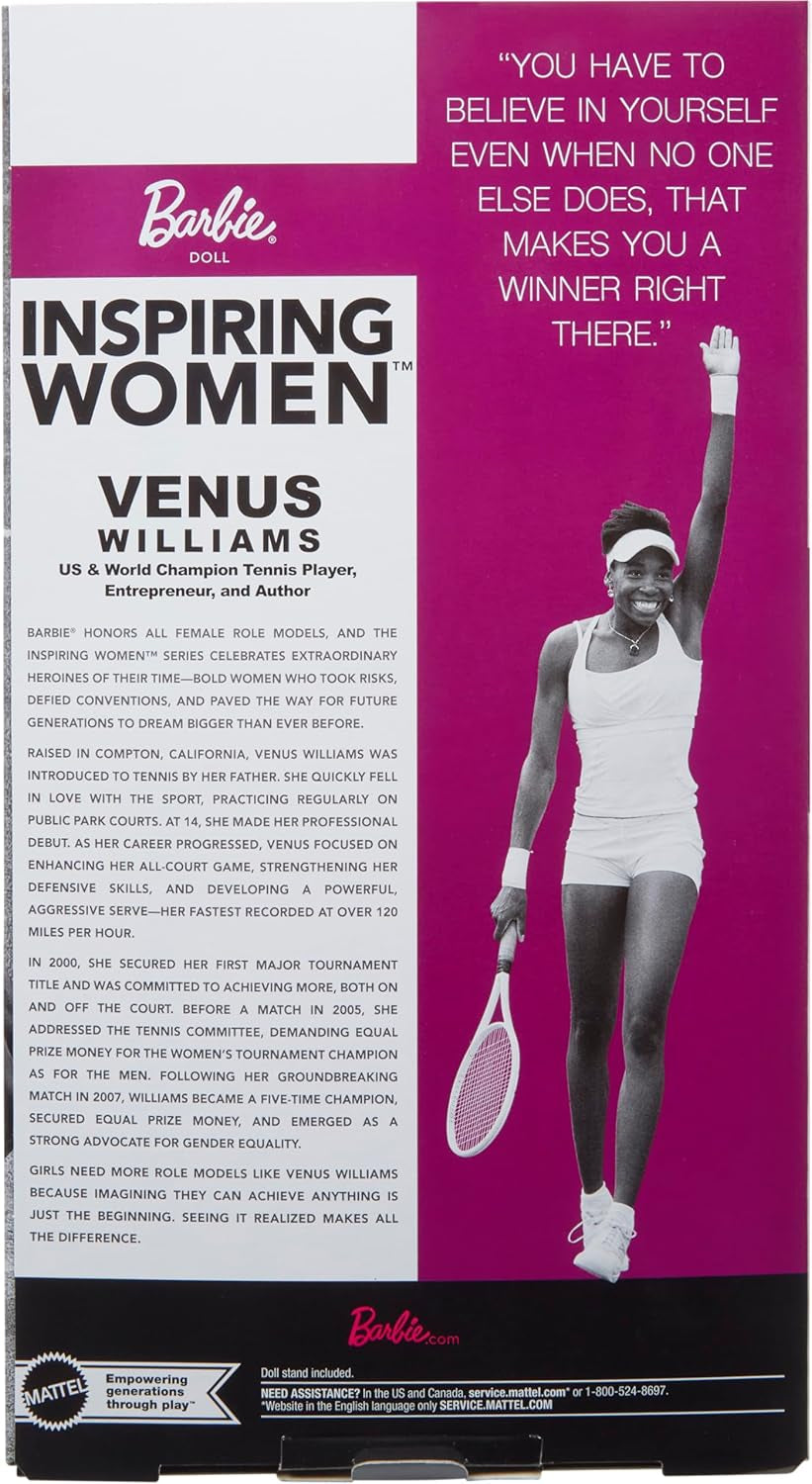 Barbie Inspiring Women Series Venus Williams modedukke med signeret uniform og tennisketcher inklusive præsentationsæske HRM49