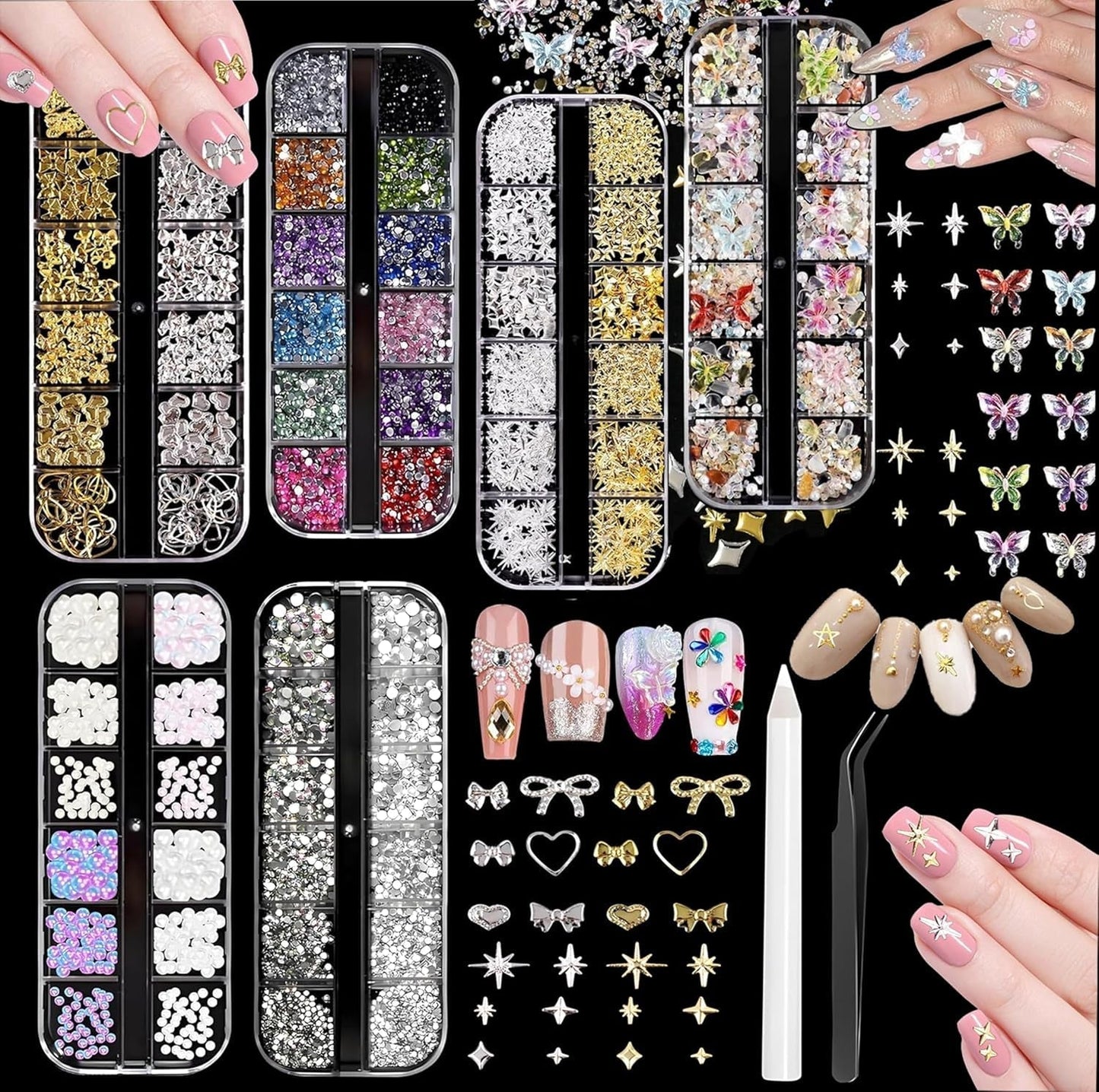 Nail Charms,6 Boxen Gold Silber Nagel Charms 3D Gold Bogen Stern Nail Art Dekoration+6200 Strasssteine ​​Bunt Steine ​​​​AB Perlen Diamanten,3D Legierung Bow Nail Gems Nagel Deko Für Frauen Nagel (6-A)