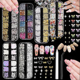 Nail Charms,6 Boxen Gold Silber Nagel Charms 3D Gold Bogen Stern Nail Art Dekoration+6200 Strasssteine ​​Bunt Steine ​​​​AB Perlen Diamanten,3D Legierung Bow Nail Gems Nagel Deko Für Frauen Nagel (6-A)