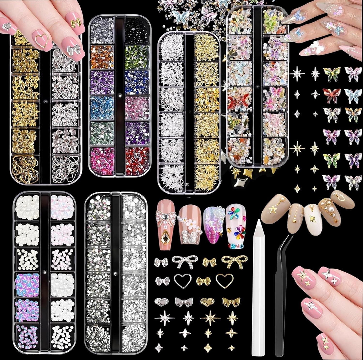 Nail Charms,6 Boxen Gold Silber Nagel Charms 3D Gold Bogen Stern Nail Art Dekoration+6200 Strasssteine ​​Bunt Steine ​​​​AB Perlen Diamanten,3D Legierung Bow Nail Gems Nagel Deko Für Frauen Nagel (6-A)