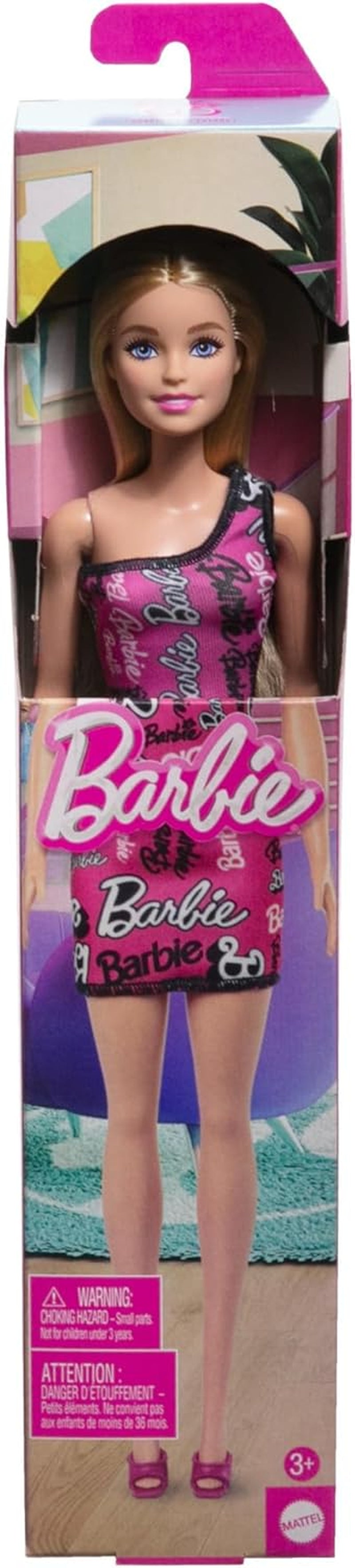 Barbie-modedukke med lige blondt hår i Pink One Shoulder Stretch-kjole og logotrykt sko HRH07 Naty Shop Dolls