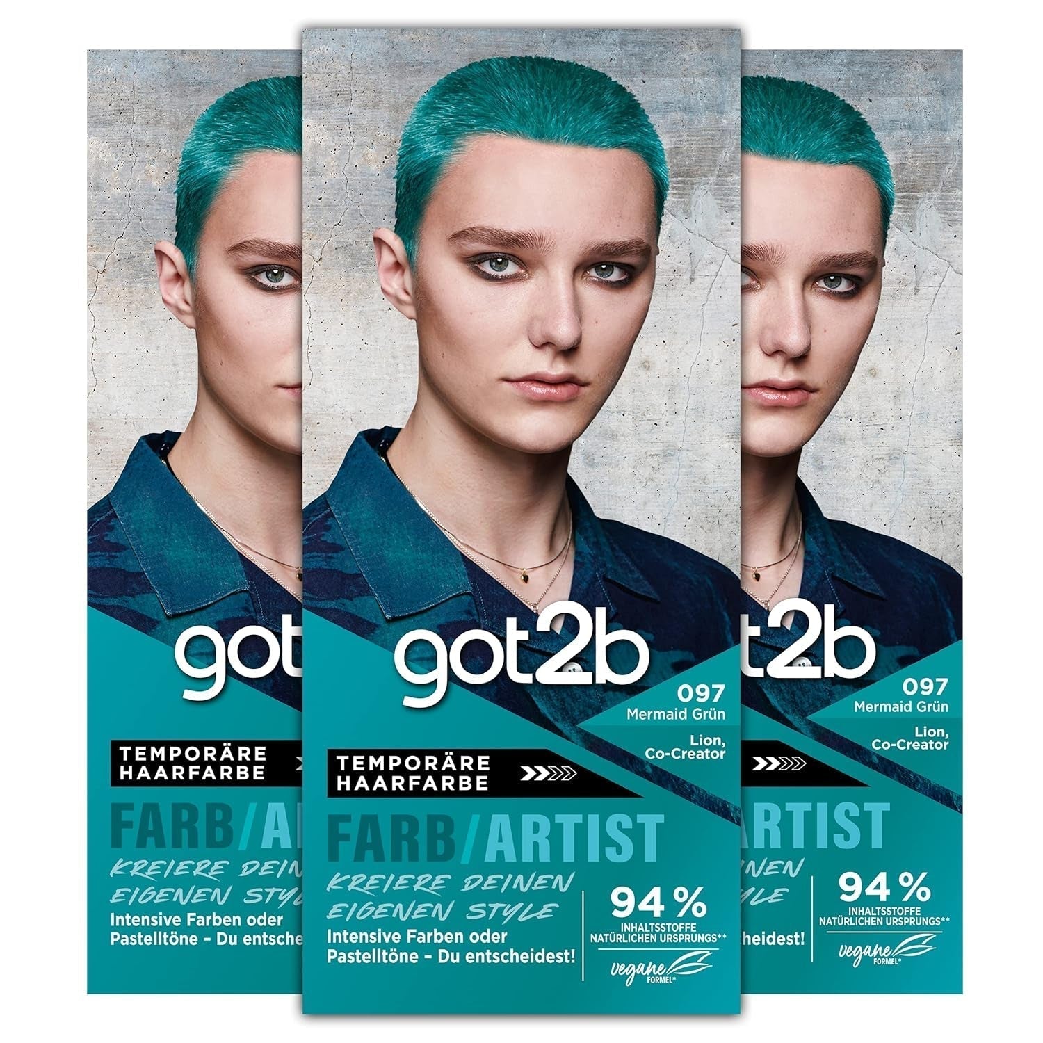 got2b Colour/Artist 097 Mermaid Green Level 2 (3x 80 ml), midlertidig hårfarve får håret til at skinne i intense farver eller pastelnuancer, hårfarve holder 12-15 vaske, vegansk formel Hårfarve Naty Shop 097 Mermaid Green