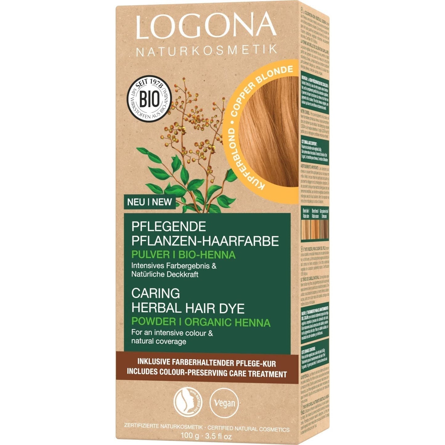 LOGONA Natural Cosmetics Urteplejende hårfarve, økologisk hennapulver Vegansk hårfarve for intens farve og glans, urtefarve i kobberblond (blond), 1 x 100 g Naty Shop kobberblond hårfarve 100G (1 pakke)