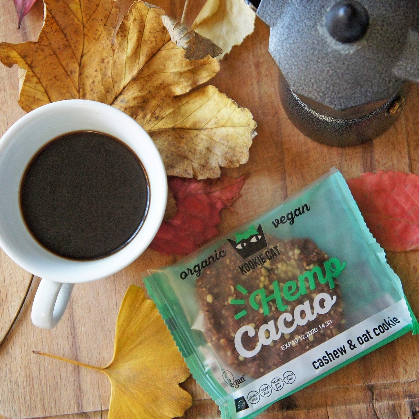 Hampfrø og kakao - individuelt indpakket vegansk glutenfri sojafri økologisk cashew- og havrekager - 12 x 50 g multipak