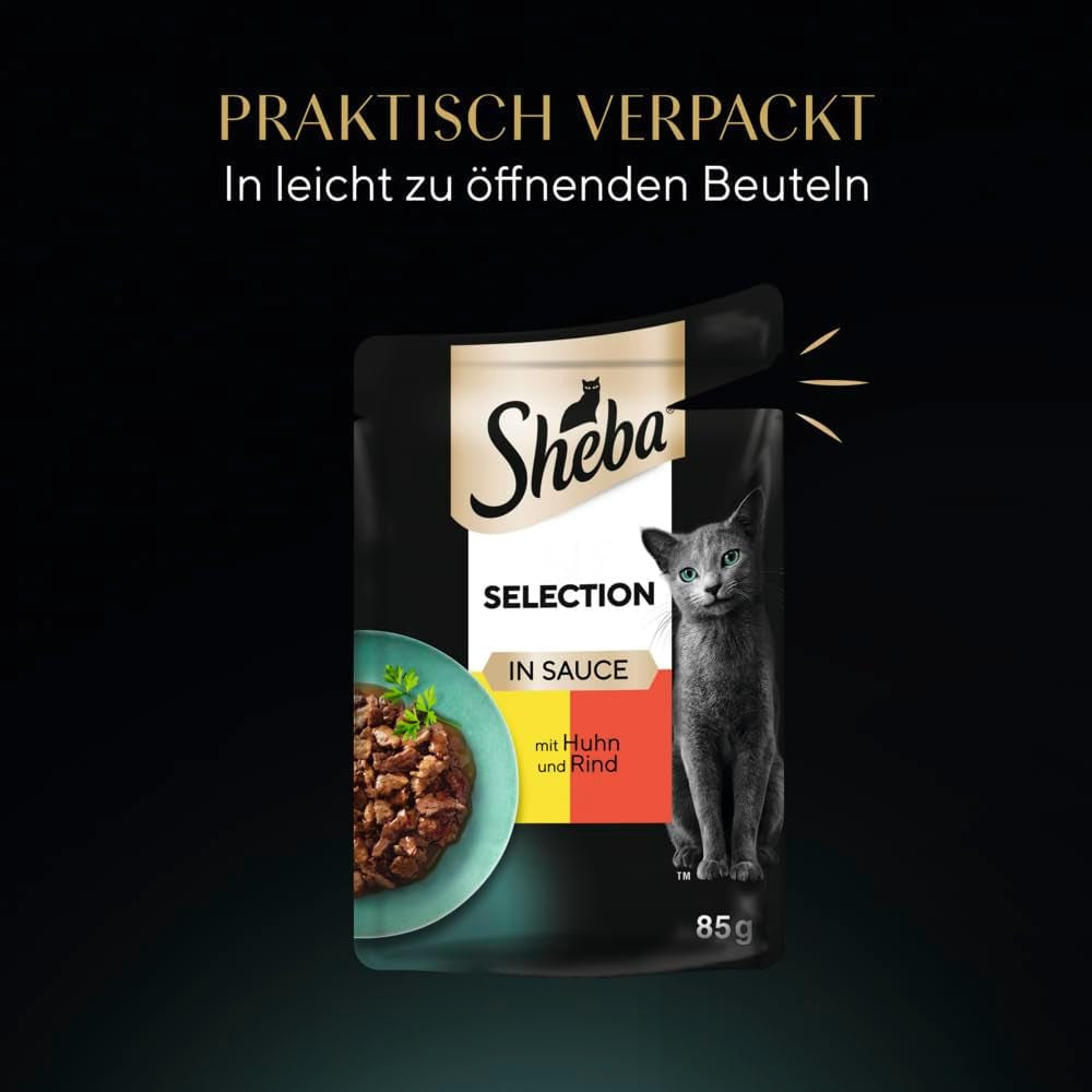 Vådfoder til katte Sheba Selection i portionsposer med kylling og oksekød i sauce 28x85g