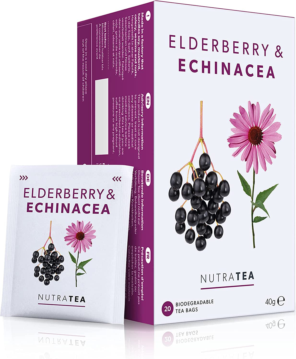 Nutra-te hyldebær og echinacea, immunitets- og forkølelseste, immunstøtte te, kold kamp, ​​20 genanvendelige teposer, naturlig urtete