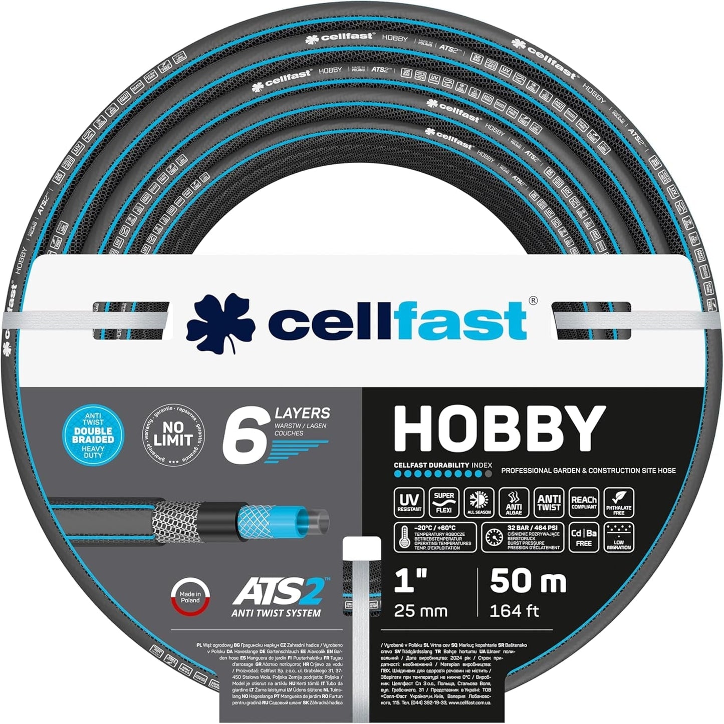 CELLFAST Haveslange 6-lags vandslange Dobbelt flettet stof vandingsslange UV-bestandig anti-alge fleksibel slange 32 bar 1 tommer 25 meter hobby