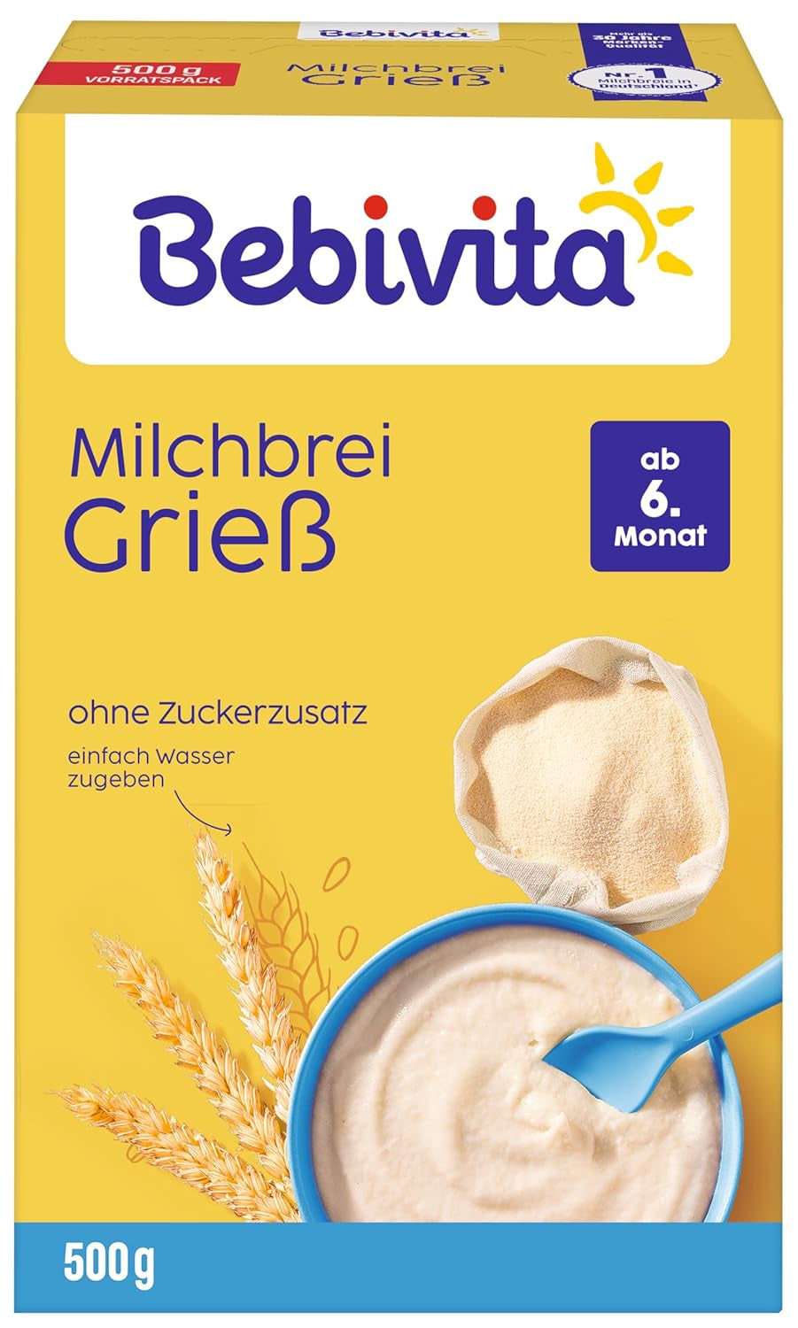 Semuljegrød med mælk (4 x 500g), mad til babyer fra 6 måneder, uden tilsat sukker, med værdifulde mineraler og vitaminer, meget mættende