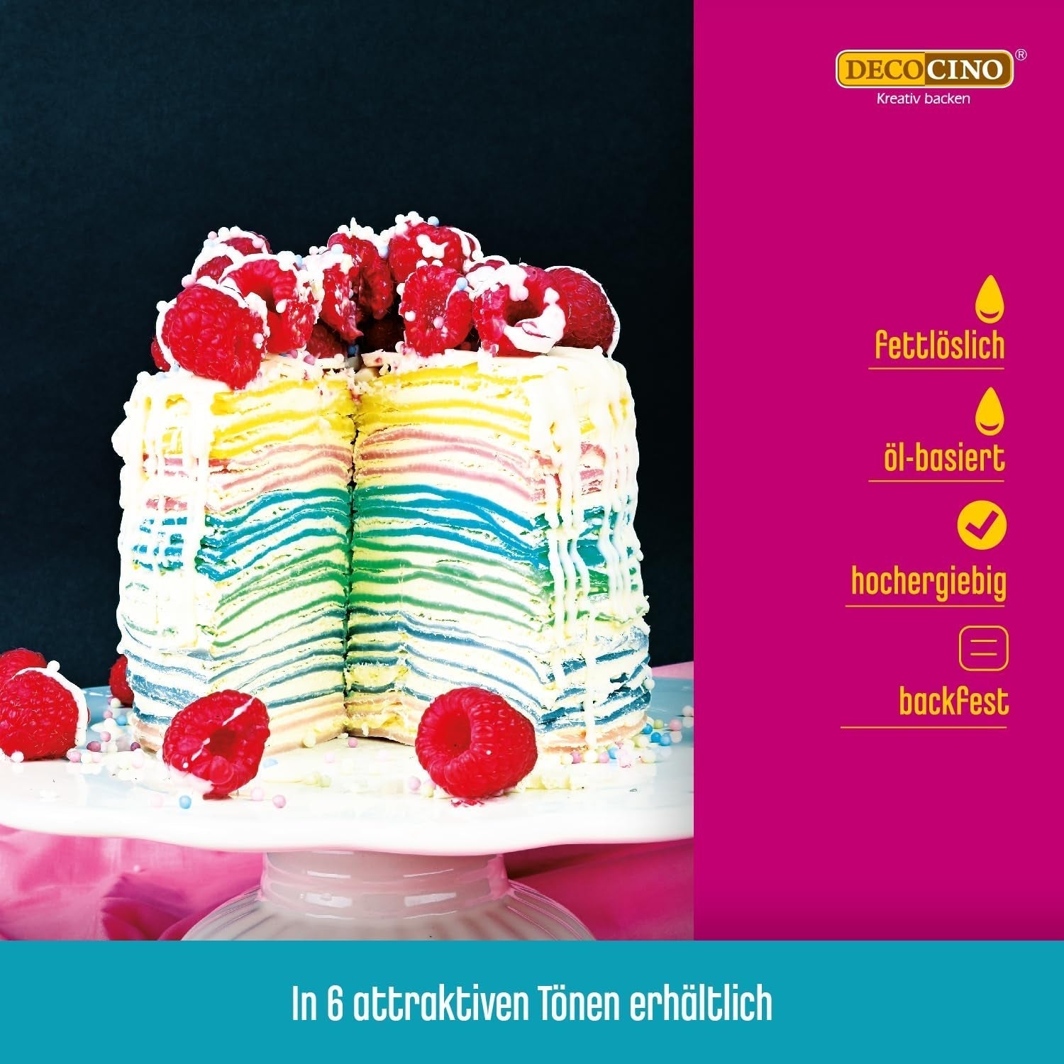 Decocino Fedtopløselig farvepasta Sæt med 6 - 6 x 15 g - Madfarve i rød, hvid, grøn, gul, blå og sort, ideel til farvning af kager, fondant og cremer - Azo- og glutenfri