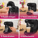 Bosch Tassimo Happy Friendly TAS102E Kapsel Espressomaskine, 70+ drikkevarer, Velegnet til alle kopper, Auto-Stop, Bæredygtig, Perfekt Dosering, Pladsbesparende, 1400W, Sort