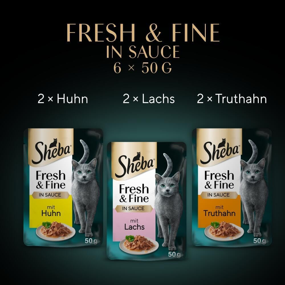 Sheba Portion Pouches Vådfoder til katte, multipak Fresh & Fine i sauce med MSC kylling og laks, 6x6x50g - Fine måltider til katte i sauce