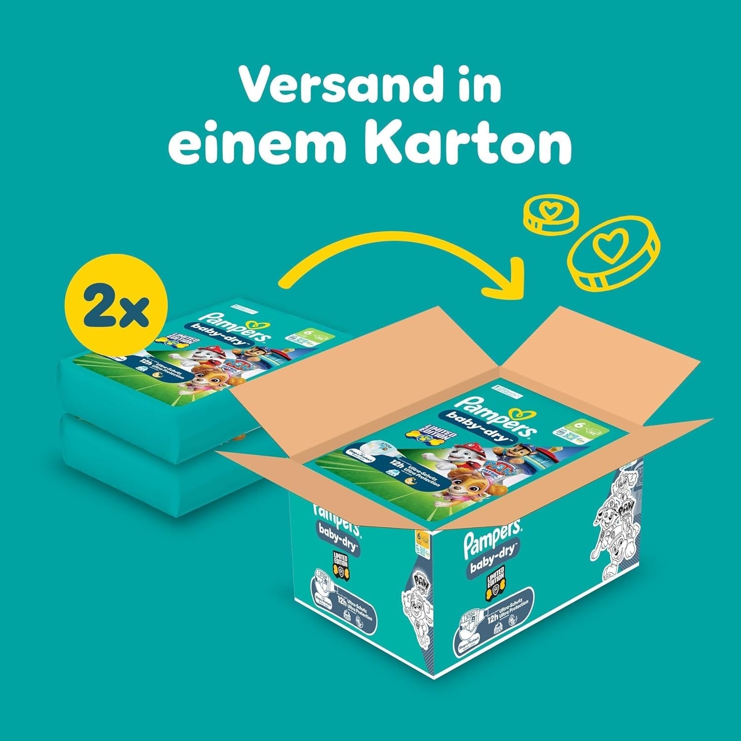 Pampers Baby-Dry Puppy Patrol Edition bleer, størrelse 6, 164 bleer, 13 kg - 18 kg, op til 100 % lækagebeskyttelse og komfort hele natten